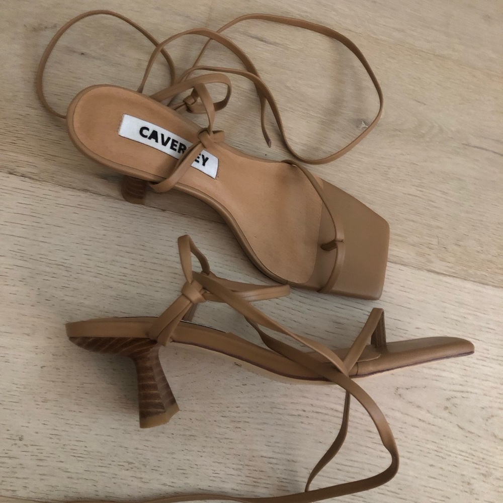 Anthropologie Caverley Sailor Tie-up Strappy Sandals Square Toe Heels Beige Tan